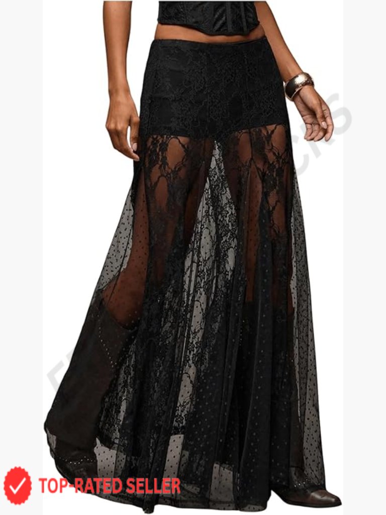 Lace Sheer Maxi Skirt Polka Dots Ruffle Boho Goth Concert Long Skirt